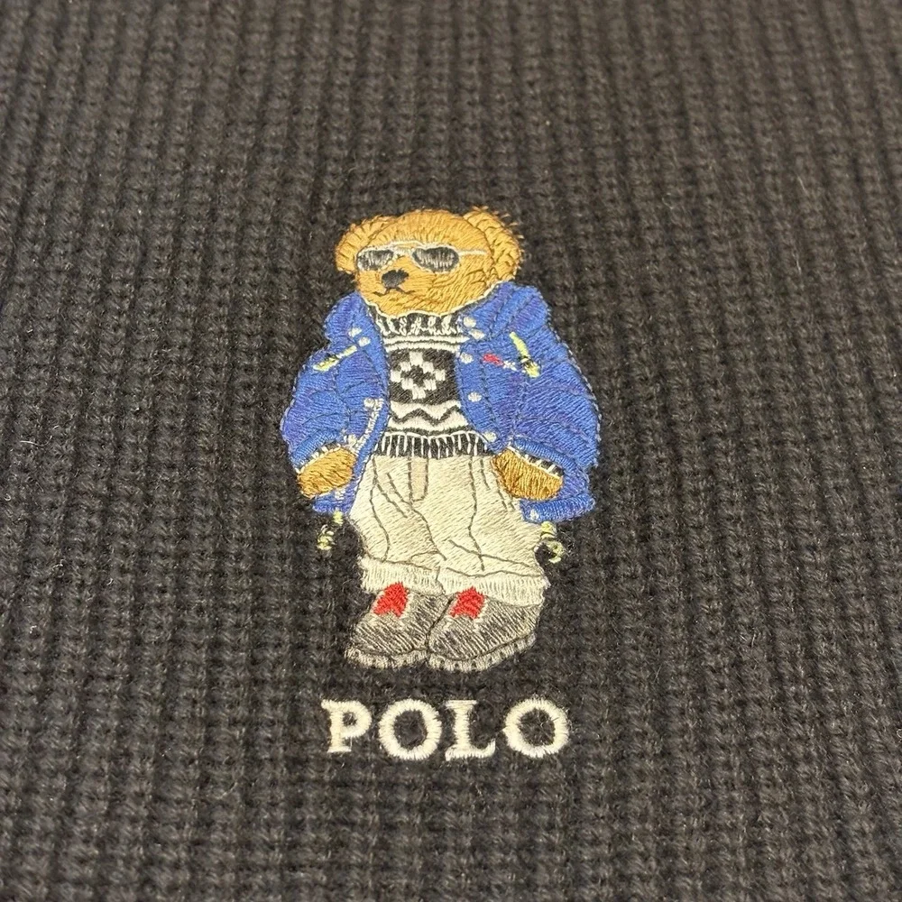 Polo Ralph Lauren Bear Scarf Black Ski Ribbed Knit Wool Cashmere Blend 90x9